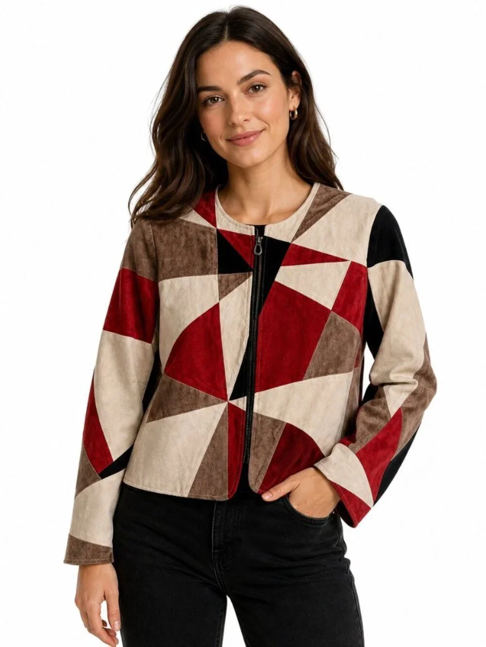 Vintage Karen Arnold Burgundy Red Tan Black Patchwork Suede Jacket